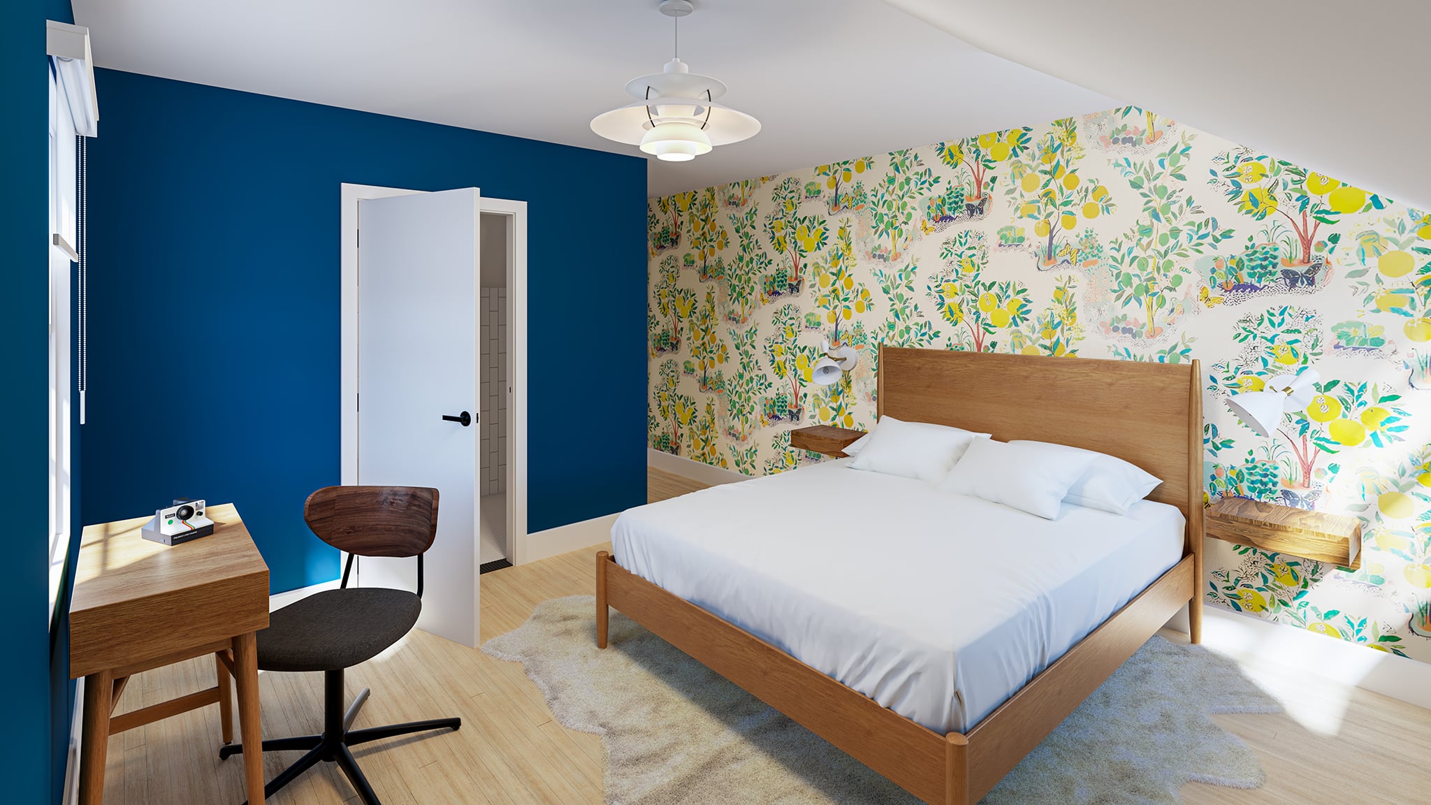 The Carruthers Room in Boise features a bed, desk, and vibrant floral wallpaper, creating a stylish and functional space.