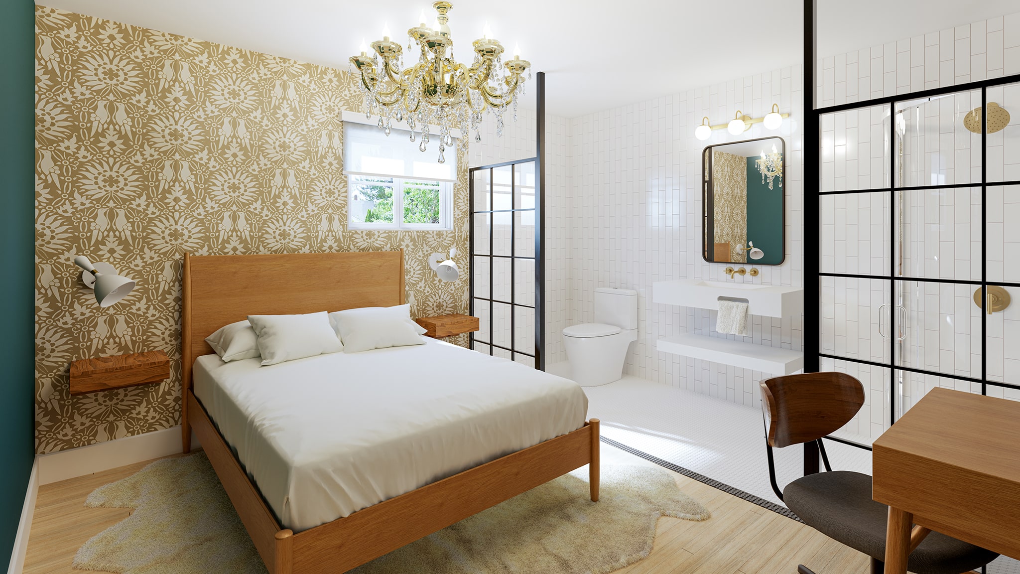 Bohr Room: Bedroom boasts a bed, patterned wallpaper, and chandelier, leading to a bathroom with white tile and modern fixtures.