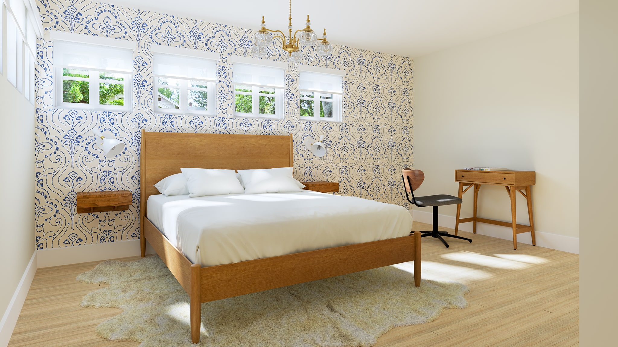 Faraday Room bedroom interior with wooden bed, desk, blue patterned wallpaper, and natural light from windows.