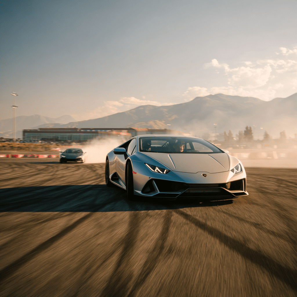 Autocross experience in Boise: Silver Lamborghini drifting on track, mountains in background. High-performance driving event.
