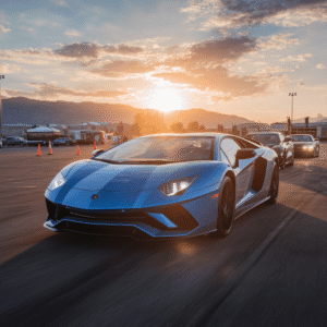 Blue Lamborghini Aventador speeding on autocross track in Boise at sunset. Car racing event experience.