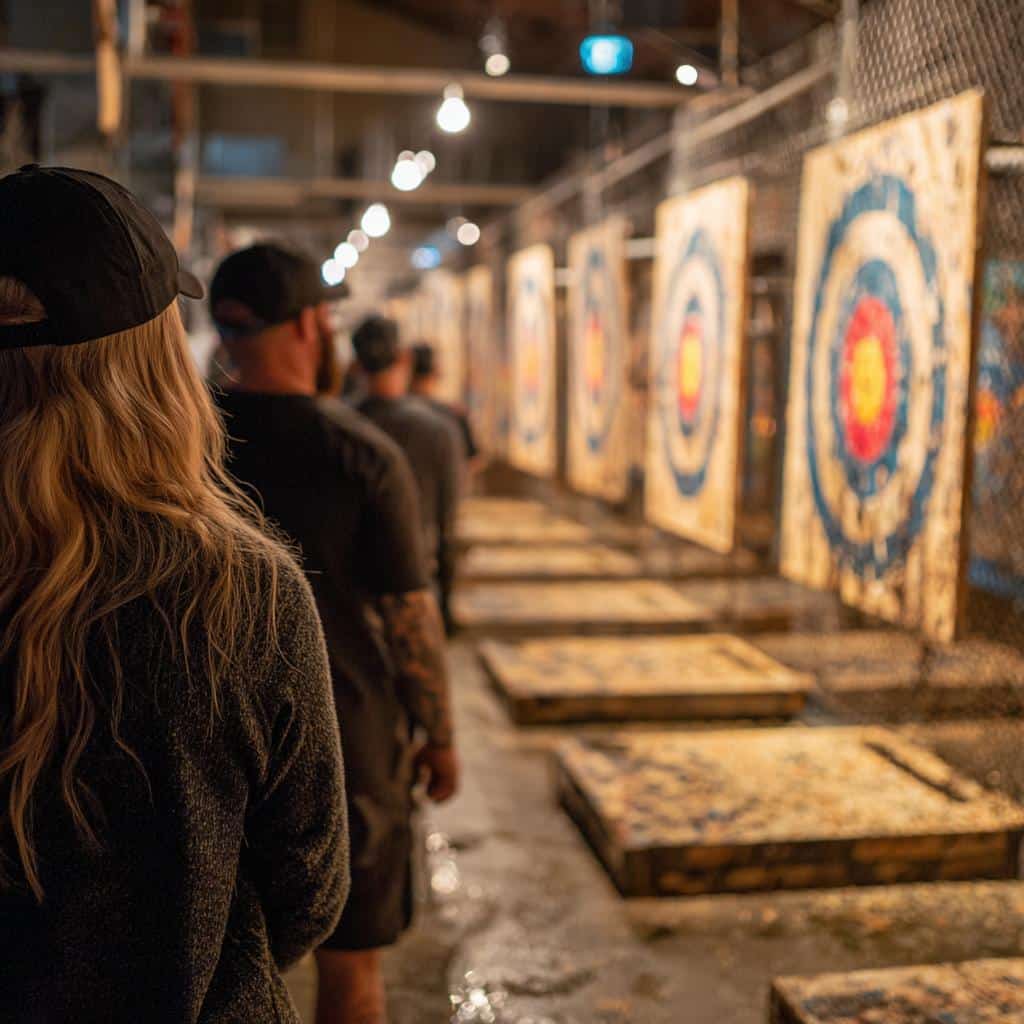 Axe Throwing in Boise: People line up to throw axes at targets. Fun activity in Boise, Idaho.