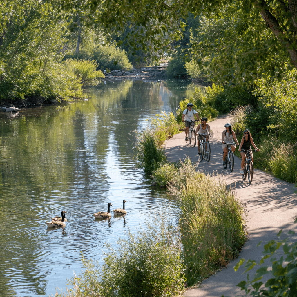 Bike tour in Boise: Group cycling along river path with ducks. Scenic outdoor activity.