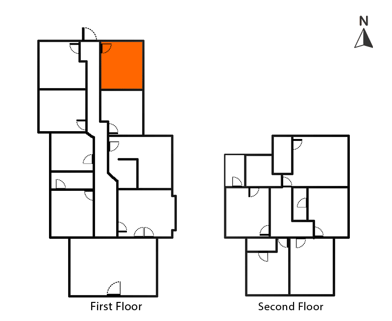 The Bohr Room floor plan: first floor, second floor. The Bohr room is highlighted in orange.