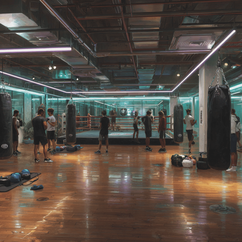 Boxing studio with ring, punching bags, and people training. Private boxing gym with modern design and wood floor.