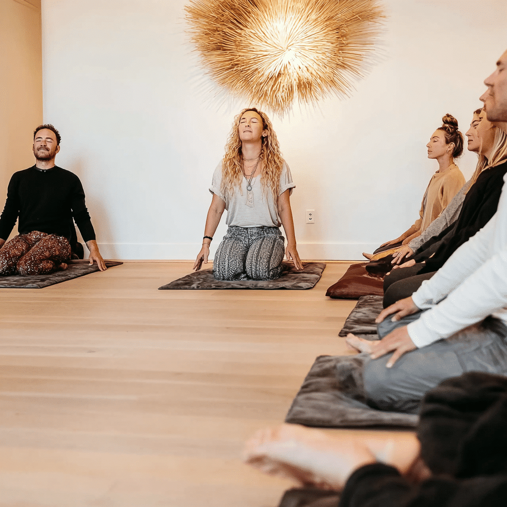 Group breathwork session in Boise, people meditating indoors on mats. Wellness and mindfulness practice.