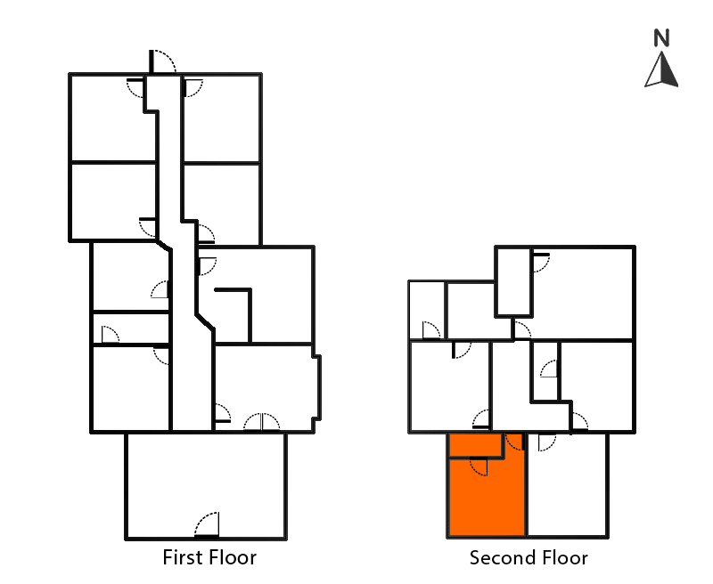 Carruthers Room floor plan. First and second floor layout. The Carruthers Room is highlighted in orange on the second floor.