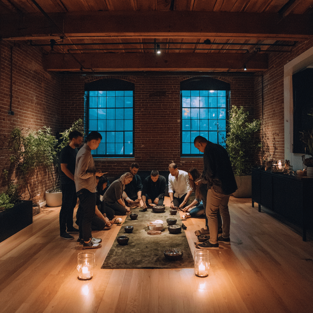 Ceremonies Assemble Boise: Group participating in a ritualistic ceremony, seated on floor in a brick-walled room, candles light the space.