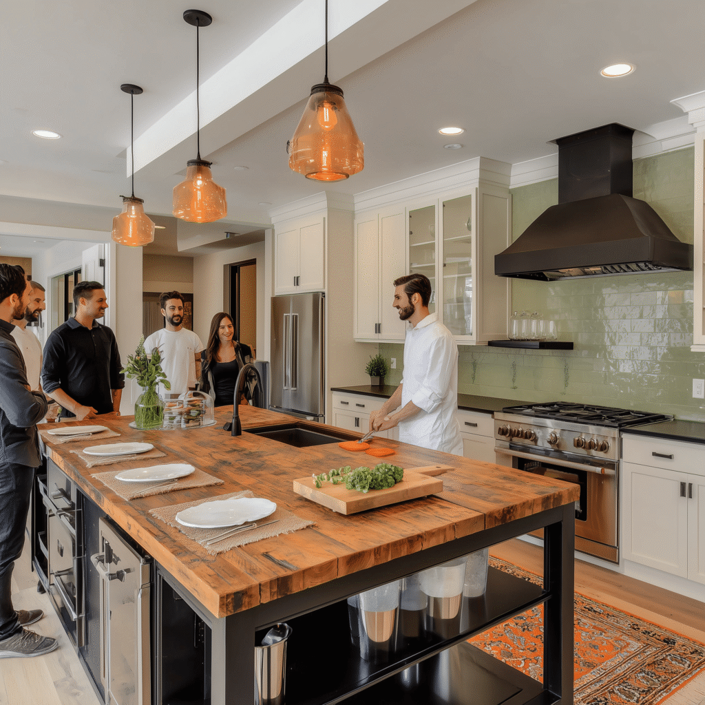 Chef-Prepared Meal Assemble: People gathered around kitchen island, chef preparing food. Boise culinary experience.