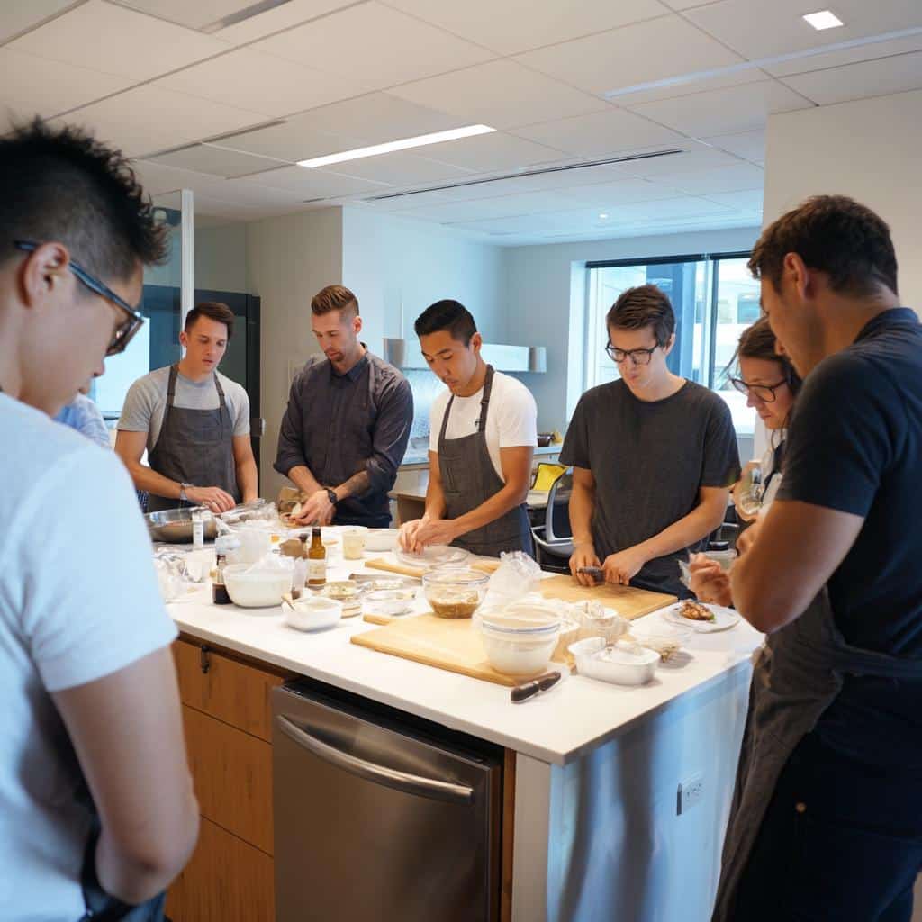 Boise cooking class: Group assembles food at island. Culinary vendor event with people preparing ingredients for assembling dishes.