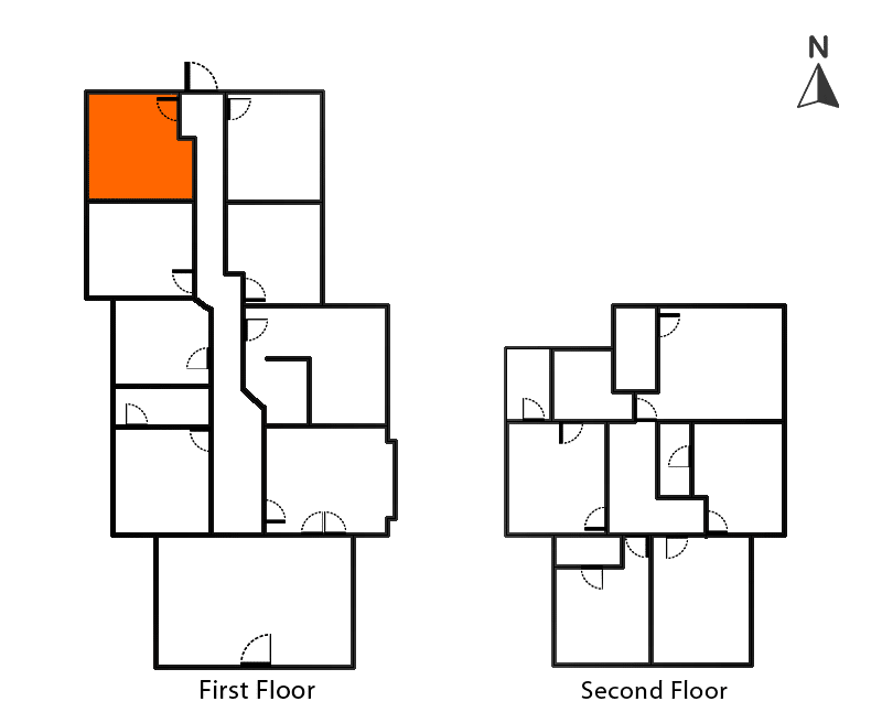 Curie Room floor plan. First and second floors, with the Curie Room highlighted in orange, architectural blueprint.