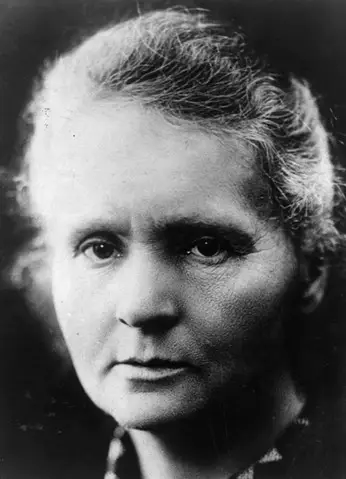 Black and white portrait of Marie Curie, the famous physicist and chemist, in The Curie Room.
