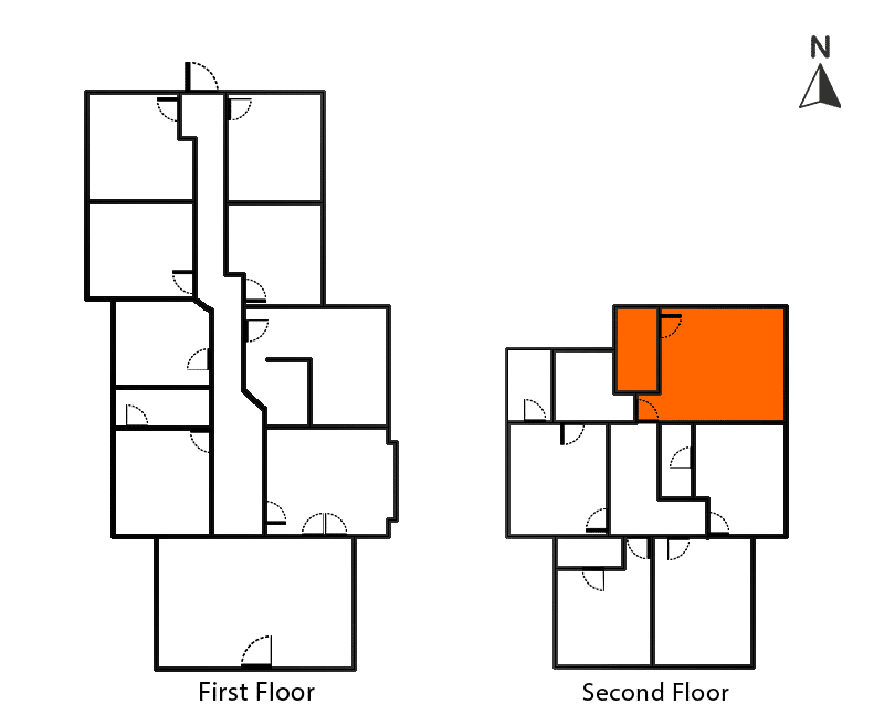 The Dirac Room floor plan featuring the highlighted area on the second floor of office space.