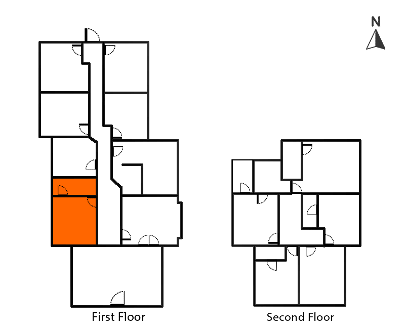 Edison Room floor plan highlighting the first floor with an orange room. Blueprint of The Edison Room layout.