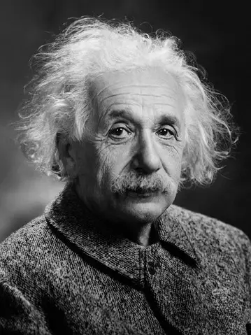 Black and white portrait of Albert Einstein in The Einstein Room, famous physicist with distinctive hair.