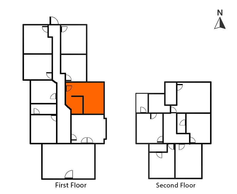 Faraday Room Floor Plan: First and second floor layout. Highlighted room on first floor. Shows room and building structure.