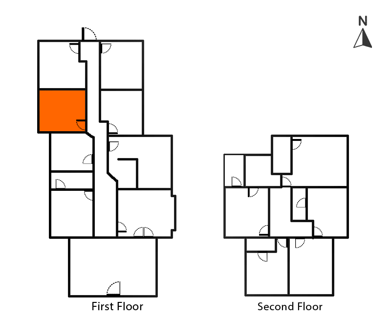 The Feynman Room architectural plan: First and Second Floor, with the Feynman room highlighted in orange. Building layout.