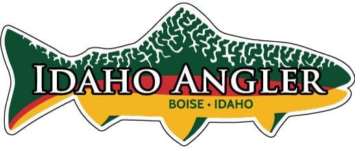 Idaho Angler fly fishing logo, Boise, Idaho. Green, yellow, and red fish design for flyfishing enthusiasts.