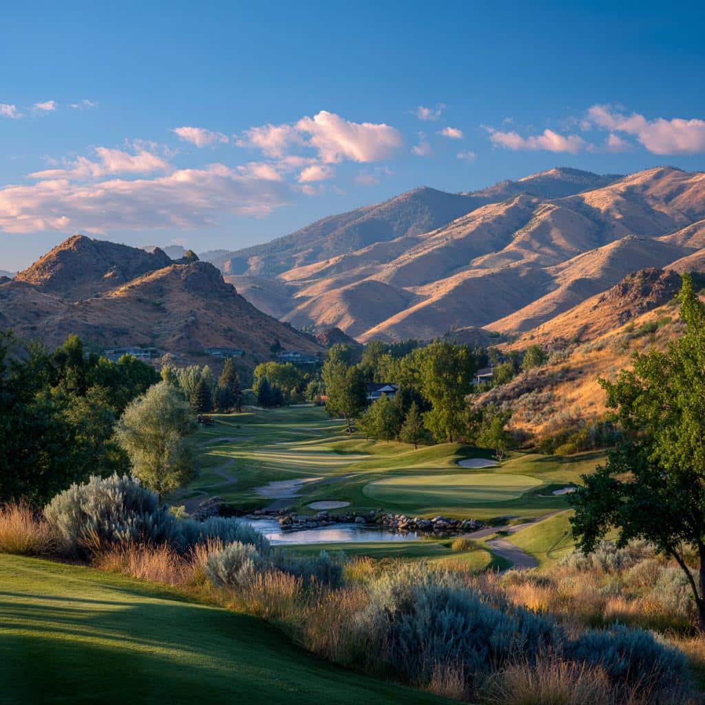 Quail Hollow golf course in Boise, Idaho, with scenic mountain backdrop, lush green fairway, and tranquil water feature.