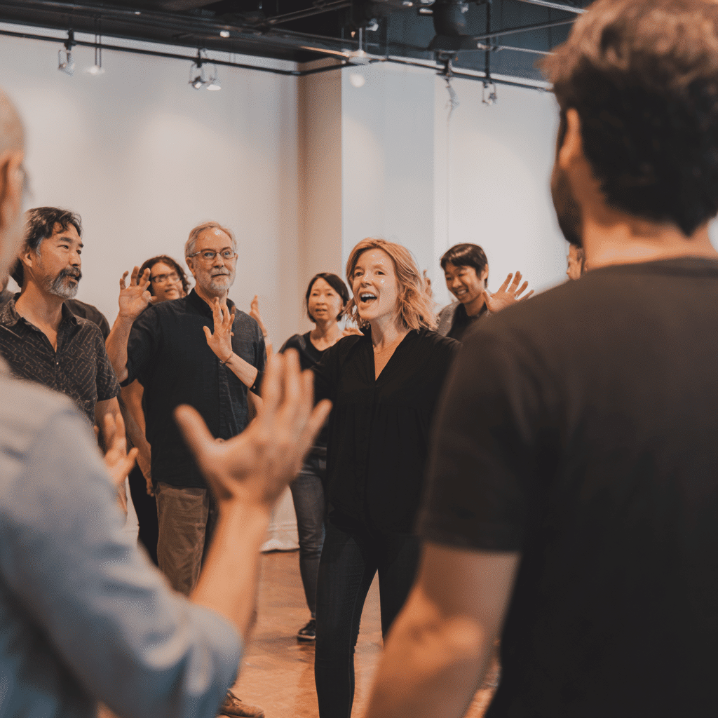 Enthusiastic group participates in an Improv Class in Boise, raising their hands during an interactive comedy exercise.