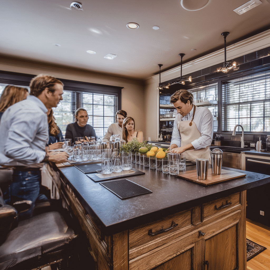 Mixologist Cocktail Session: Bartender preparing drinks for guests at a bar in Boise. Assemble Boise cocktail creation.