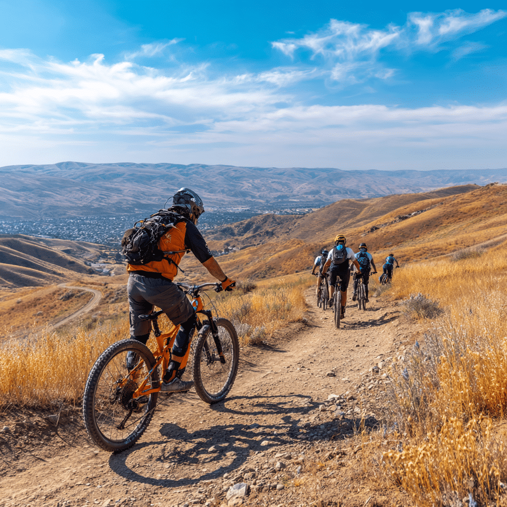 Mountain biking clinic in Boise: Group of cyclists riding uphill on a dirt trail with scenic mountain views.