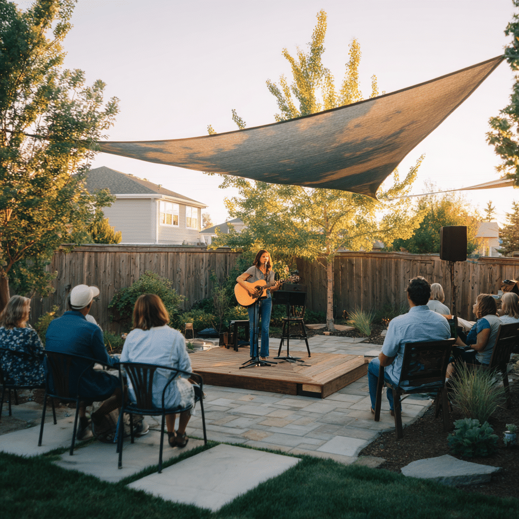 Outdoor music experience in Boise. Singer performs with guitar on a small stage for a backyard audience, creating an intimate concert.