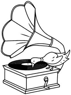 Music Experience: Vintage phonograph with bird listening to record. Assemble Boise vendor image for unique music experiences.