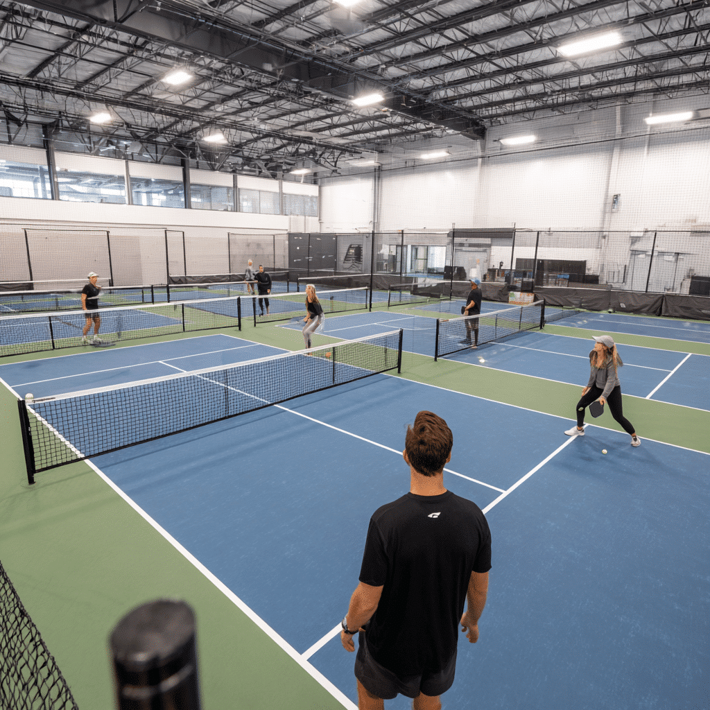 Indoor pickleball courts in Boise, Idaho. People playing pickleball on blue and green courts, nets in place. Active lifestyle.