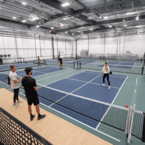 Indoor pickleball courts at Assemble Boise. People playing pickleball in a well-lit sports facility.
