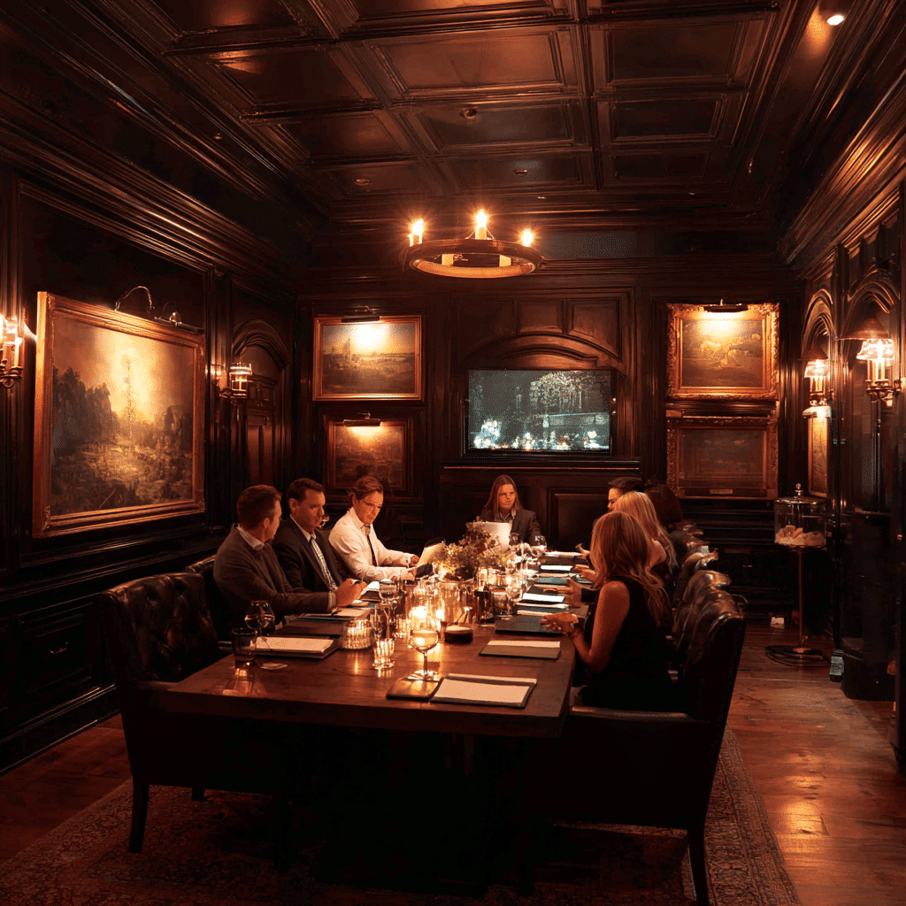 Assemble Boise private dining room with a group at a long table, elegantly decorated with dark wood and paintings.