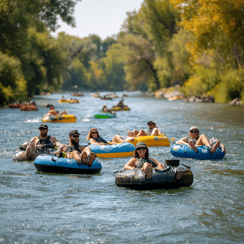 River float in Boise, group of people floating down a river in inflatable tubes on a sunny day, summer recreation activity.