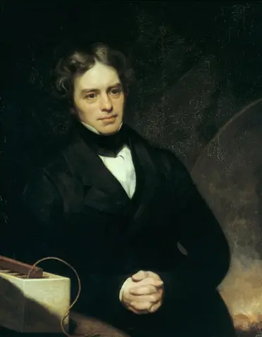 Michael Faraday portrait. Famous scientist and physicist in The Faraday Room, historic science image.