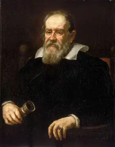 Galileo Galilei portrait. The scientist holds a telescope in The Galileo Room, Boise. Painted art of the famous astronomer.