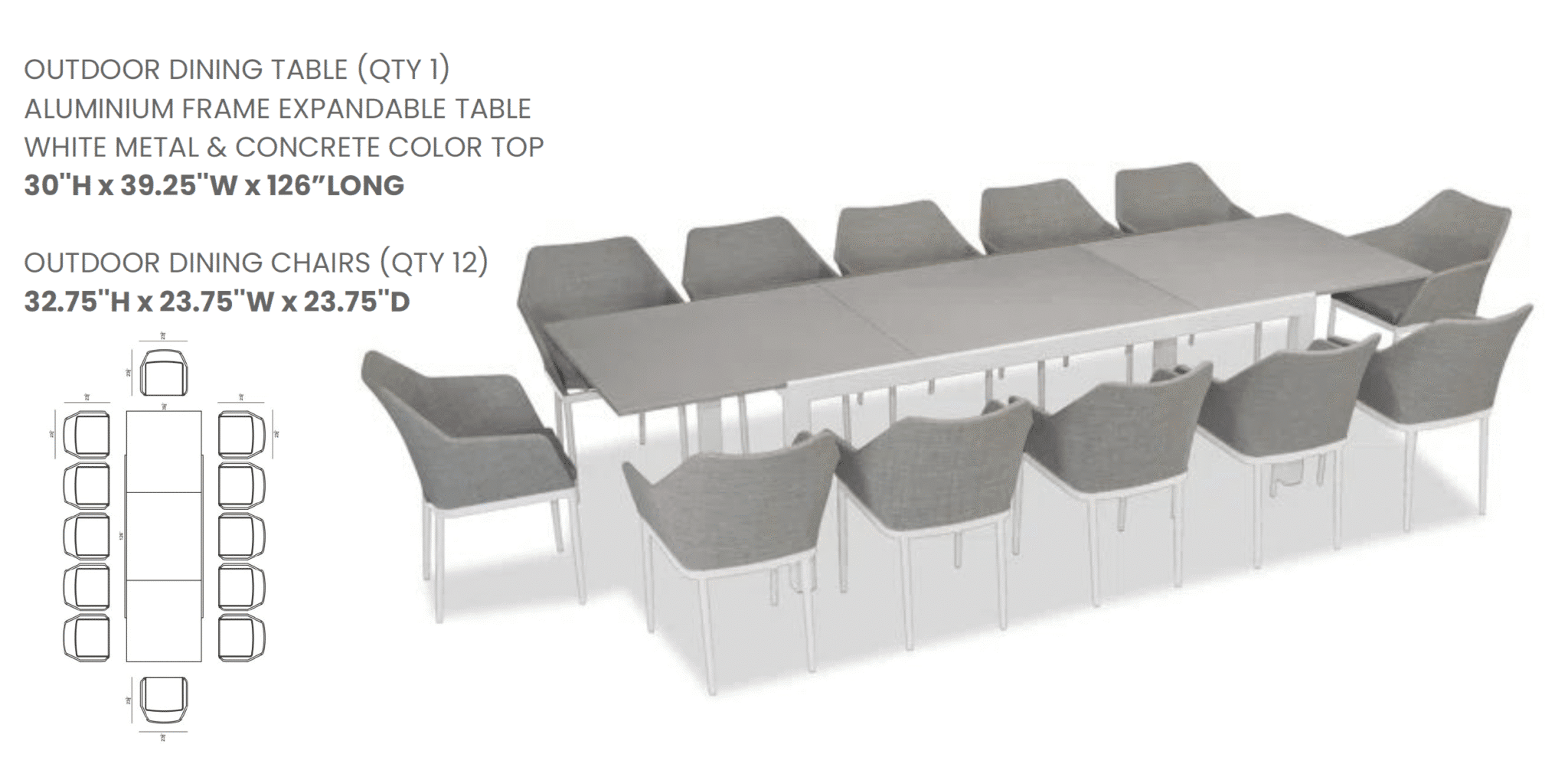 Outdoor dining set featuring an expandable table with concrete color top and twelve modern gray chairs for stylish outdoor dining.