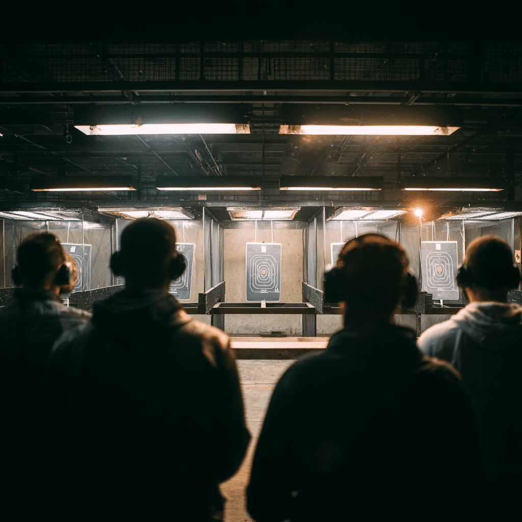 Indoor shooting range in Boise. People wearing ear protection at targets. Shooting Range Assemble Boise, focus and skill.