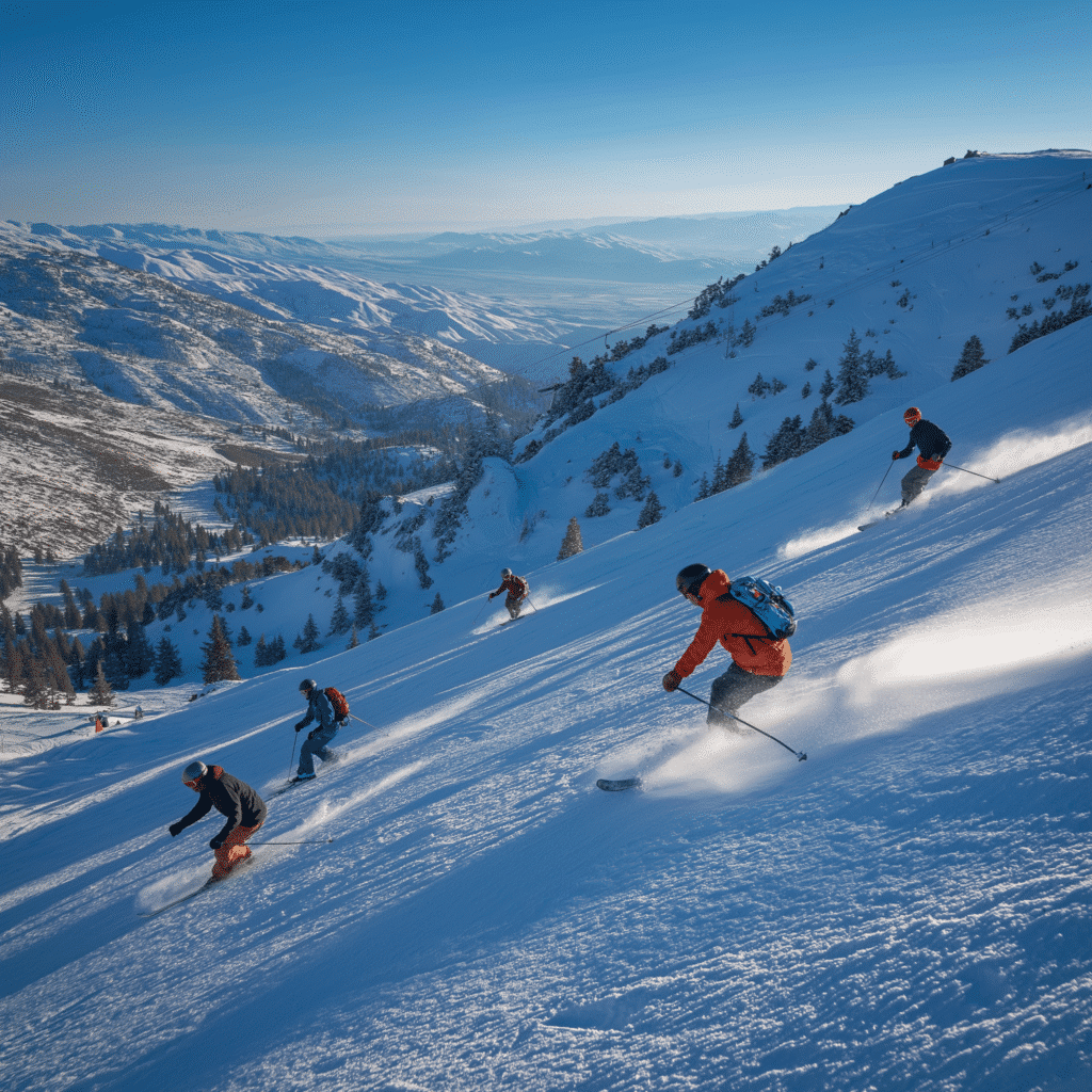 Group of skiers enjoying fresh powder on a sunny mountain in Boise. Snowsports adventure with friends.