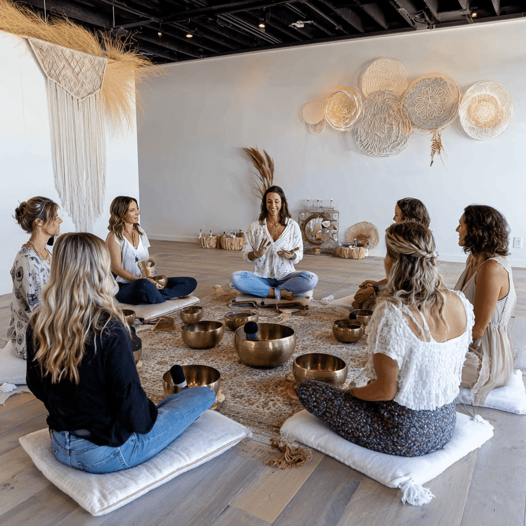 Sound Healing session in Boise. Group meditation with singing bowls for relaxation and wellness.