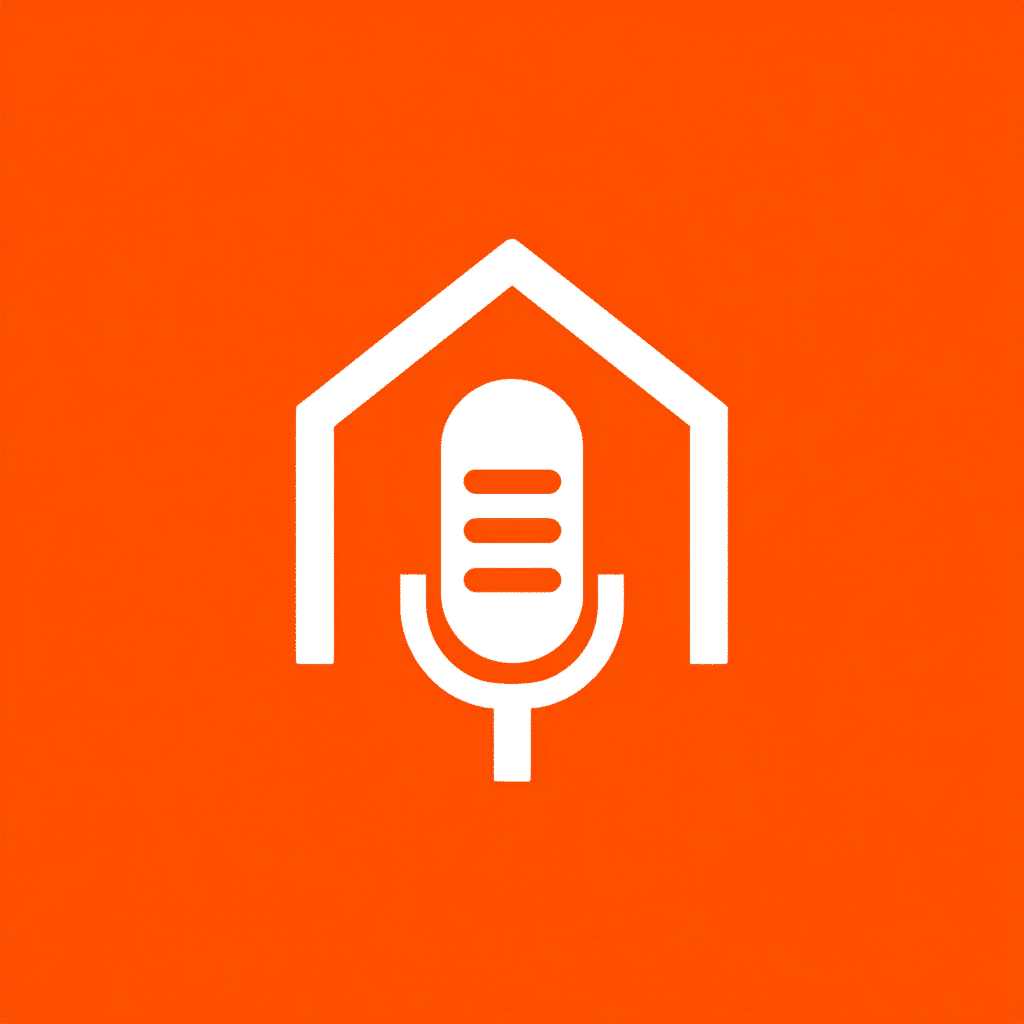 Speakers Bureau Boise: Microphone icon inside a house shape on orange background. Find expert speakers here.