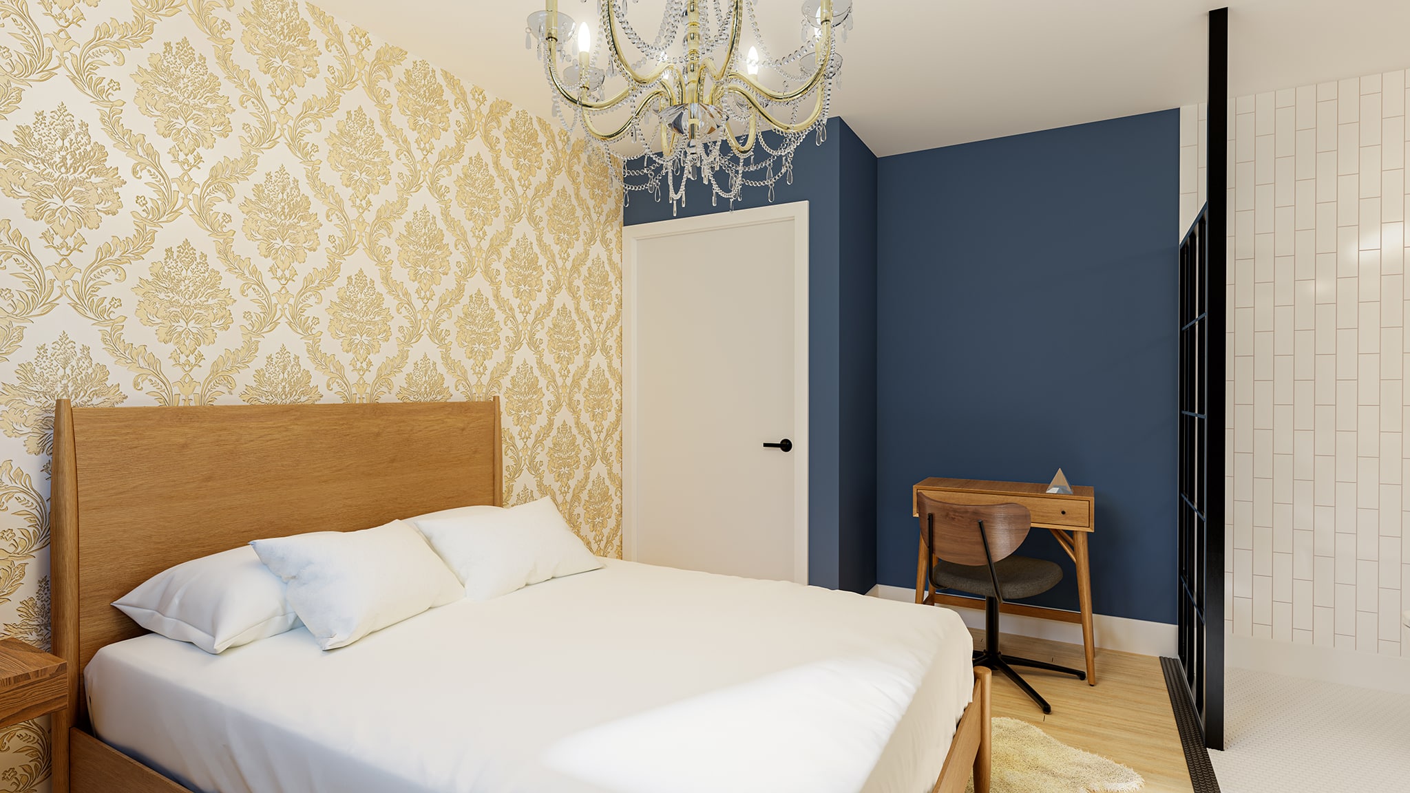 The Newton Room Assemble Boise: Bedroom with bed, desk, chandelier, patterned wallpaper, and ensuite bathroom.