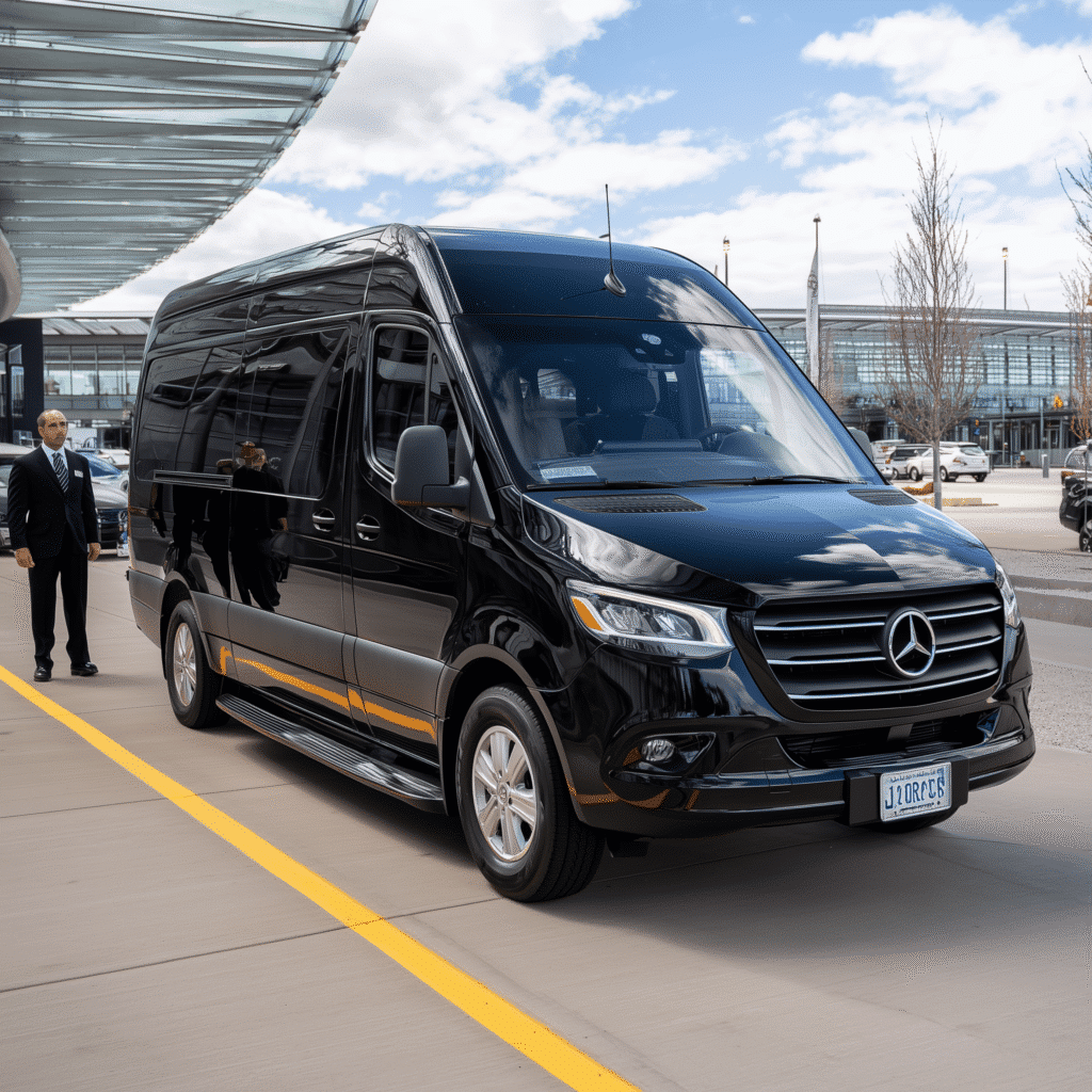 Boise transportation concierge service: Black Mercedes Sprinter van with driver, airport shuttle for executive transport.