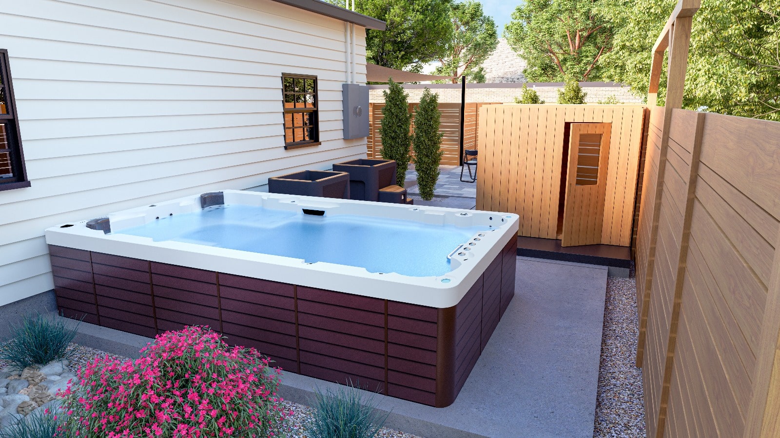 Wellness Area: Boise backyard with hot tub, sauna, and landscaping for relaxation and home spa experience.
