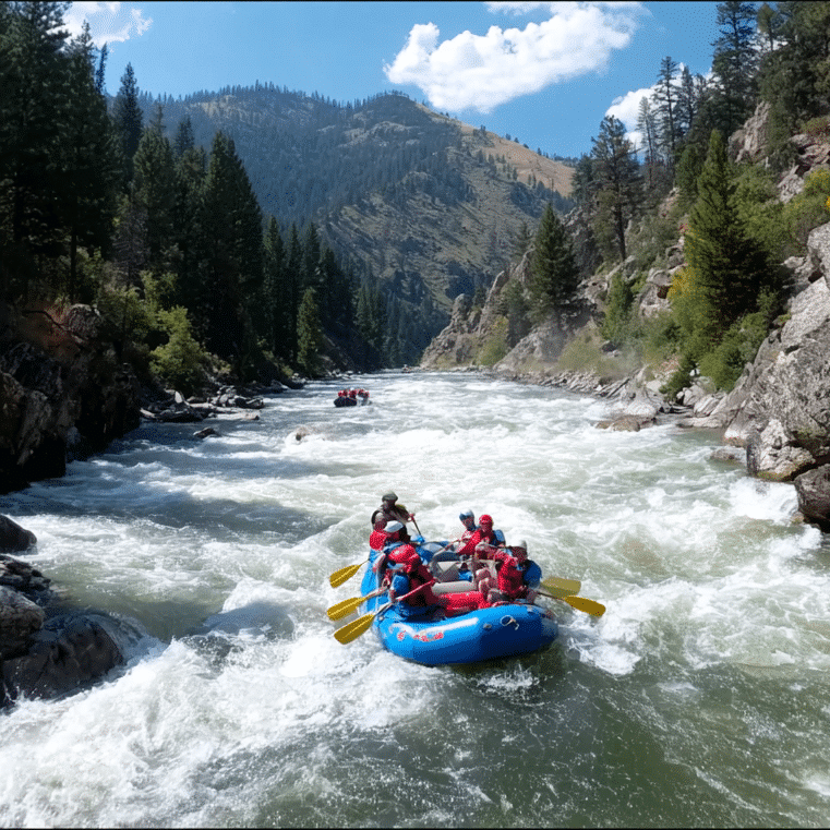 Whitewater rafting adventure: Group navigates rapids in Boise, Idaho. Thrilling outdoor activity in a stunning natural setting.