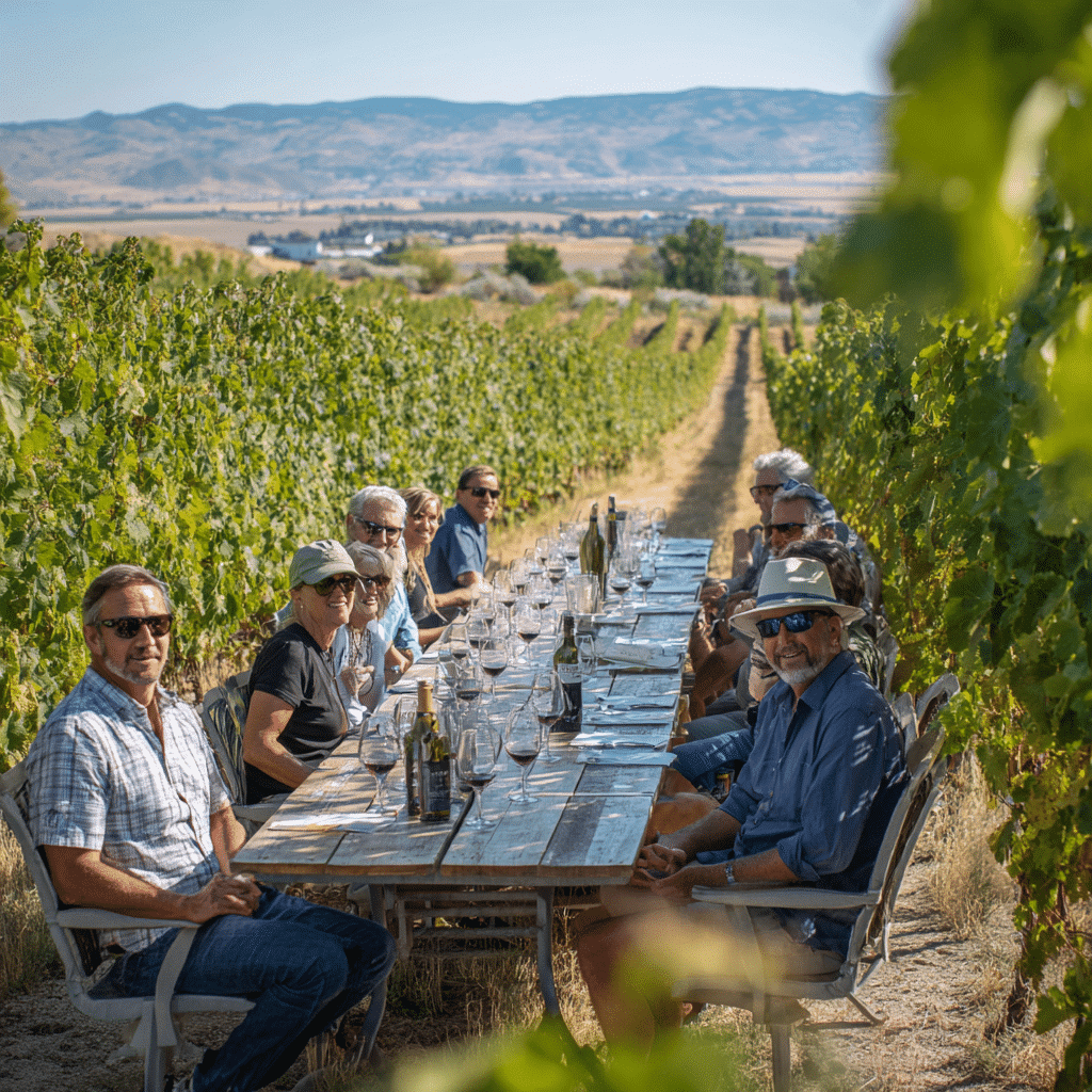 Boise winery tour: People enjoying wine tasting at vineyard with long table, glasses, and scenic mountain view.