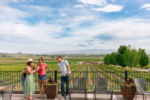 Winery tour in Boise, Idaho. People enjoying wine tasting with vineyard views. Scenic Boise winery experience.