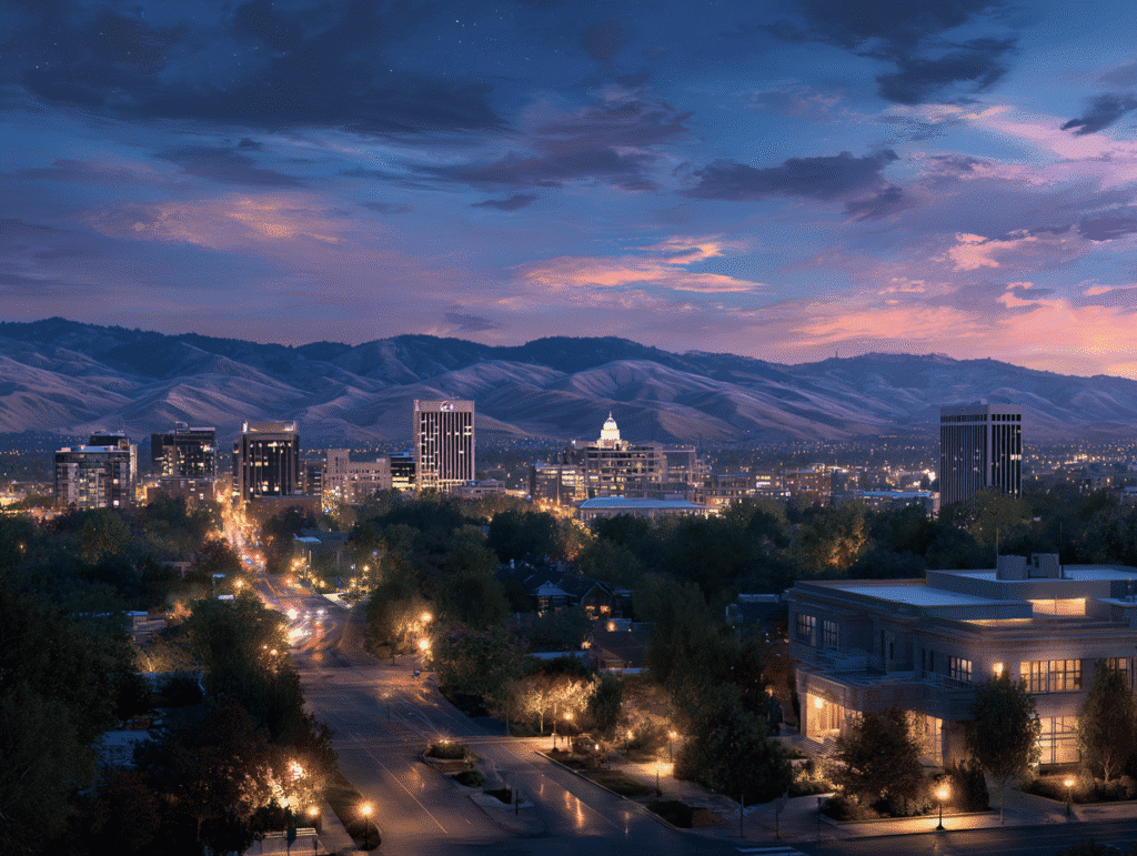 Boise Idaho skyline at dusk with mountains, street lights, and the state capitol building with a dramatic colorful sky.