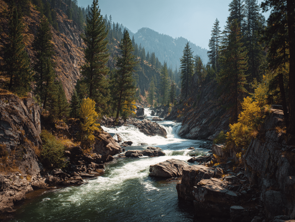 Scenic Idaho landscape featuring a rushing river, waterfall, rocks, and evergreen trees. Beautiful nature photography.