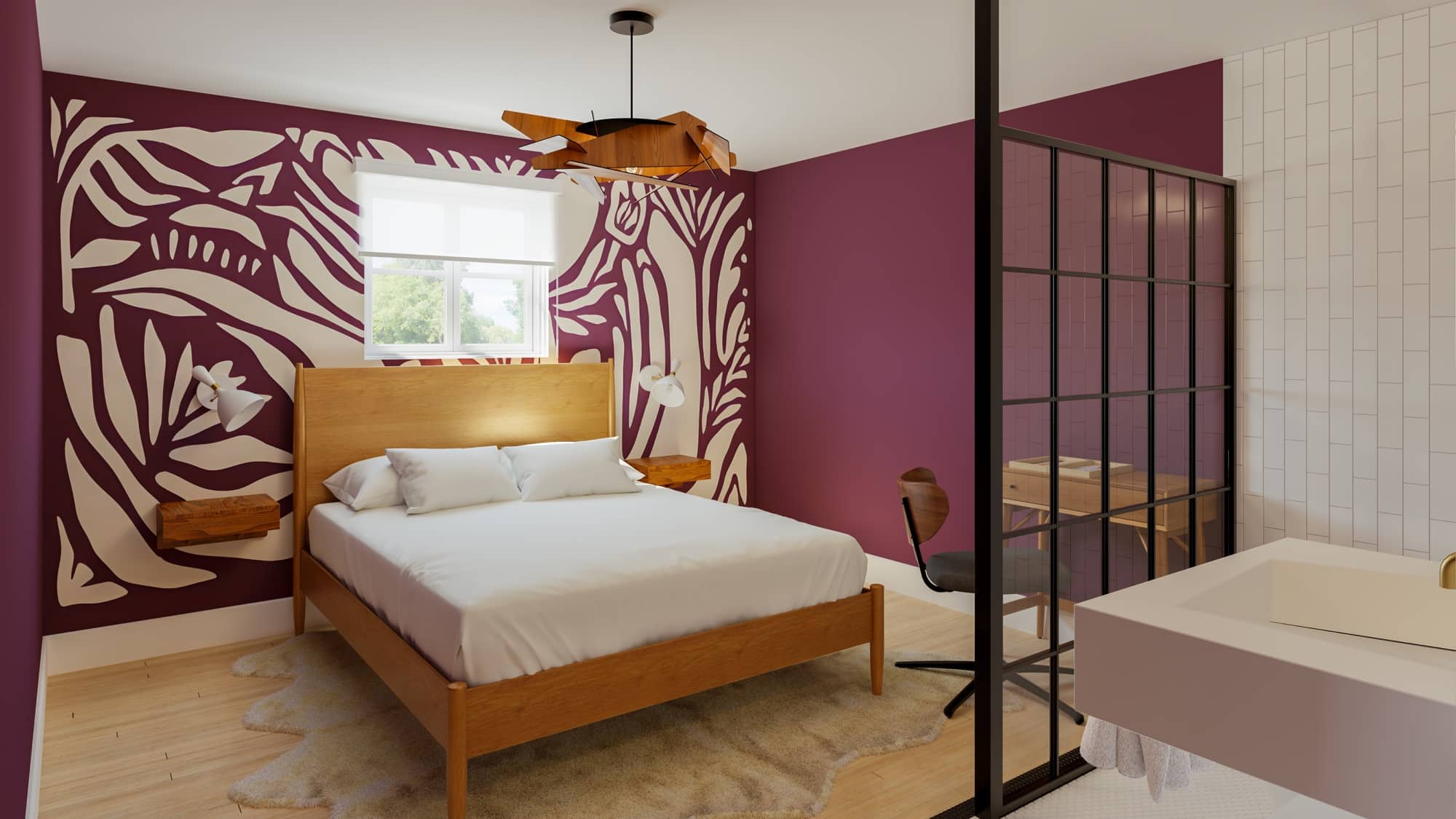 The Feynman Room: Modern bedroom with a wooden bed, unique wall art, aircraft-inspired ceiling light, and a stylish bathroom area.