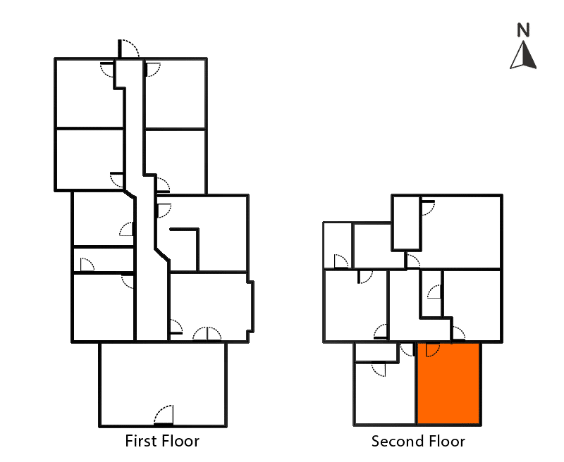 The Oppenheimer Room floor plan, Boise. First and second floor layout with a specific room highlighted in orange.